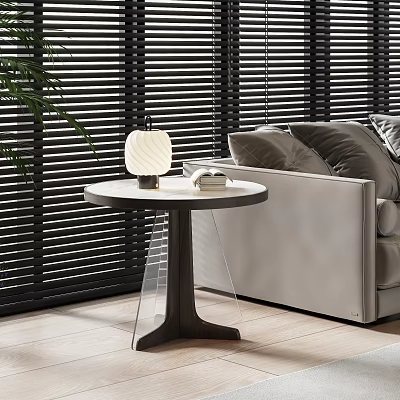 Modern Wooden Side Table Next to Gray Sofa with Stylish Lamp Plant and Blinds 3d model