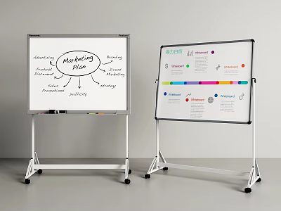 Organized Musical Instruments Art Supplies Marketing Plan on Whiteboards with Research Charts and Notes 3d model