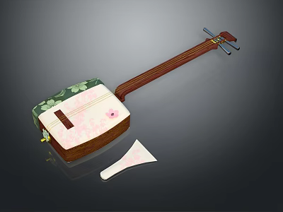 Traditional Chinese Ruan Instrument With Pink Floral Green Leaf Design And White Art Painting Tool 3d model