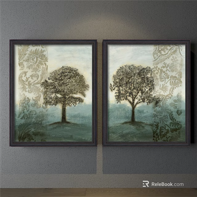 Two Panel Landscape Paintings with Single Tree Floral Pattern Background Dark Frame Soft Blue Green Tones 3d model