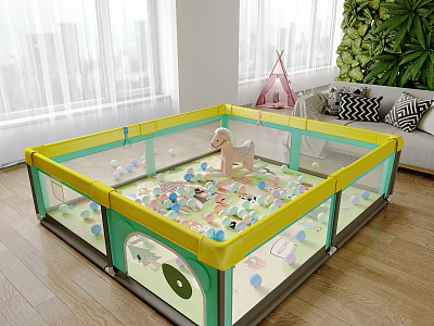 Pony Doll In Playpen With Colorful Balls In Living Room 3d model