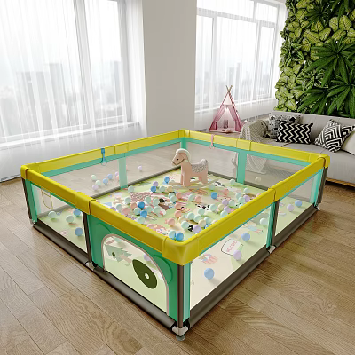 Pony Doll In Playpen With Colorful Balls In Living Room 3d model