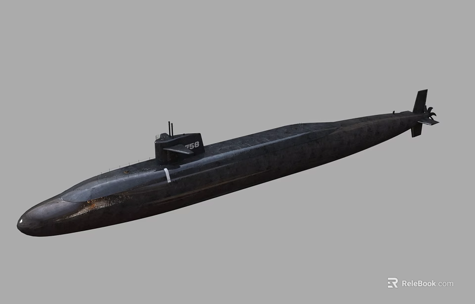 Black Military Submarine Model With Long Hull And Antenna Structure 3d model 