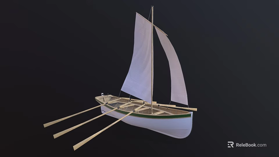 Handcrafted Wooden Boat With White Sail Green Hull And Wooden Oars 3d model 