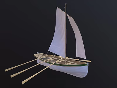 Handcrafted Wooden Boat With White Sail Green Hull And Wooden Oars 3d model