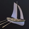 Handcrafted Wooden Boat With White Sail Green Hull And Wooden Oars