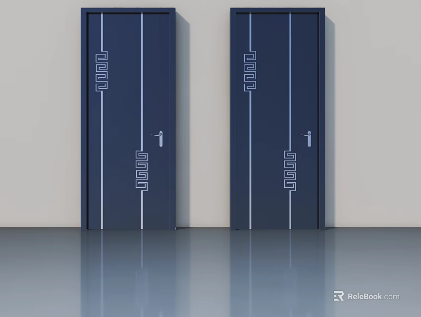 Modern Dark Blue Swing Doors With White Lines And Floor Reflection 3d model 