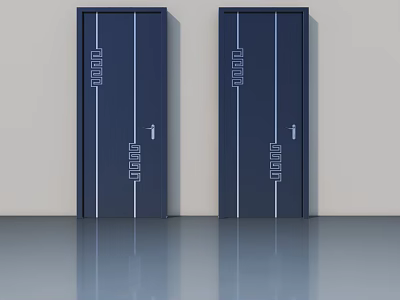 Modern Dark Blue Swing Doors With White Lines And Floor Reflection 3d model
