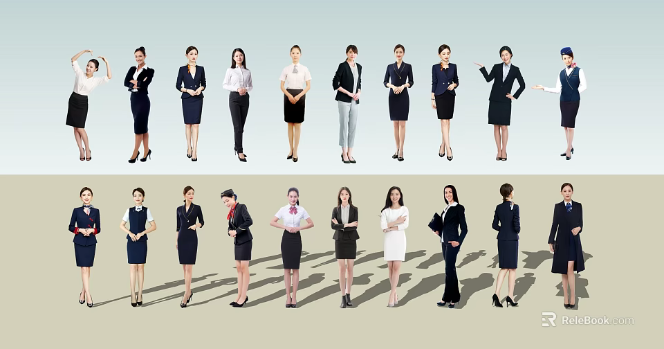 Group of Professional Women in Business Attire with Diverse Standing Poses 3d model 
