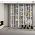 Stylish Interior Featuring Vertical Slatted Blinds On Window With Building View Trees Fireplace And Rug 3d model