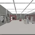 Modern Clothing Store Interior With Hanging Clothes Marble Counters Display Tables And Mirror