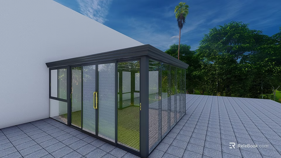 Detached Villa With Glass Sunroom Green Plants Palm Tree And Gray Stone Tile Floor 3d model 