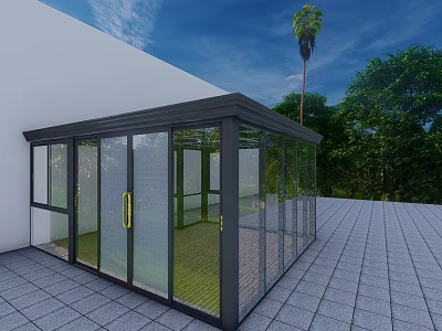 Detached Villa With Glass Sunroom Green Plants Palm Tree And Gray Stone Tile Floor 3d model