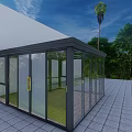 Detached Villa With Glass Sunroom Green Plants Palm Tree And Gray Stone Tile Floor