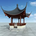 Traditional Chinese Pavilion With Curved Eaves Wooden Structure And Stone Base