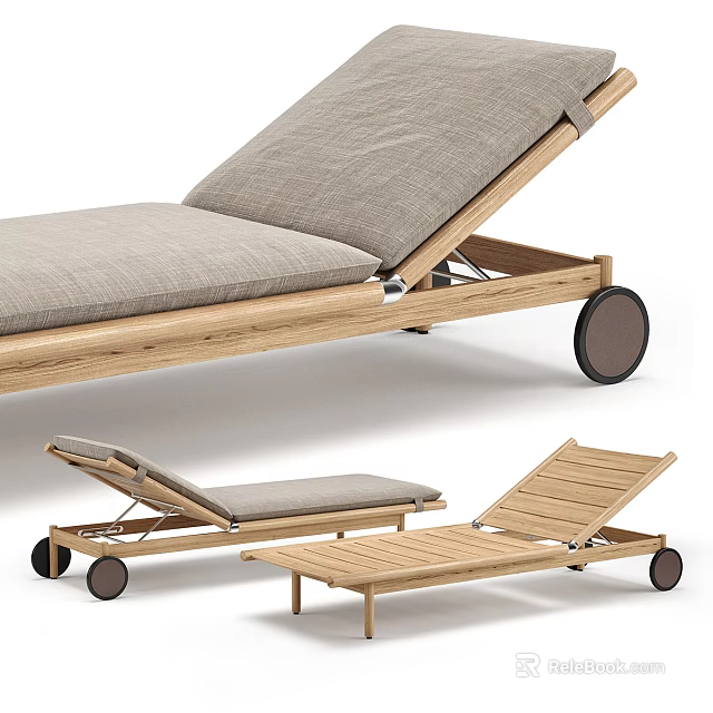 Modern Wooden Lounge Chair With Gray Cushion Adjustable Design And Rolling Wheels 3d model 