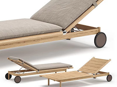 Modern Wooden Lounge Chair With Gray Cushion Adjustable Design And Rolling Wheels 3d model