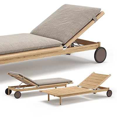 Modern Wooden Lounge Chair With Gray Cushion Adjustable Design And Rolling Wheels 3d model