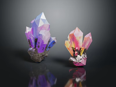 Geometric Crystal Decorative Ornament Set With Violet Pink Crystals on Black Background 3d model