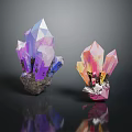 Geometric Crystal Decorative Ornament Set With Violet Pink Crystals on Black Background
