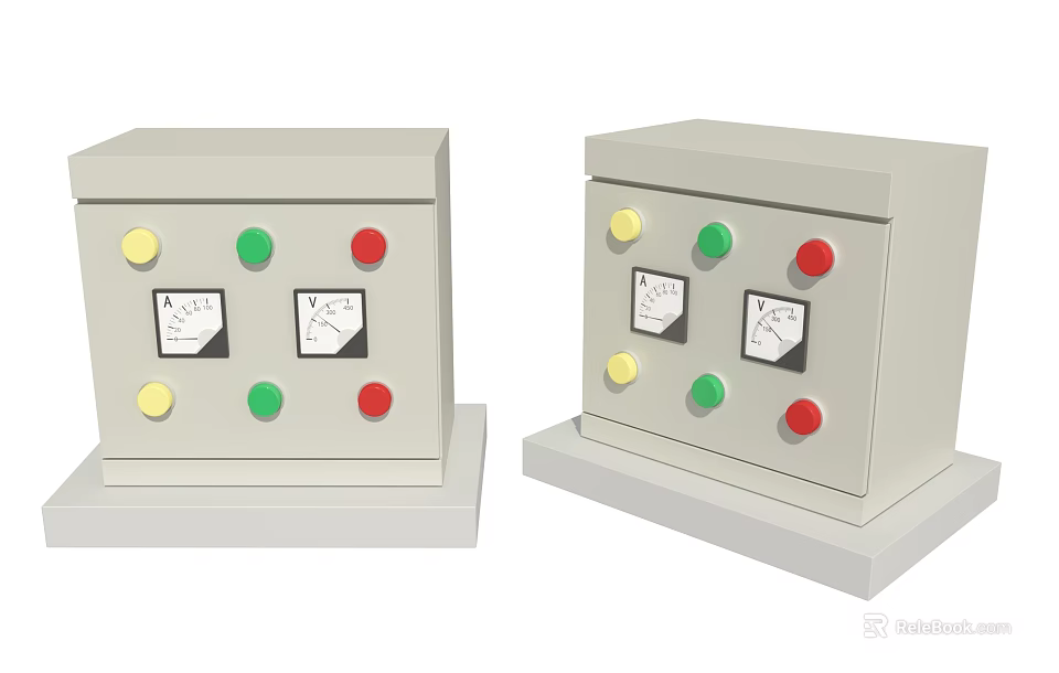 Two Industrial Control Boxes Featuring Colored Buttons And Analog Gauges For Industrial Use 3d model 