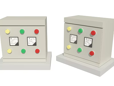 Two Industrial Control Boxes Featuring Colored Buttons And Analog Gauges For Industrial Use 3d model