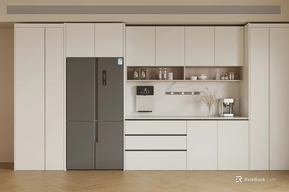 Modern Kitchen Sideboard With White Cabinets Gray Refrigerator And Open Shelves 3d model