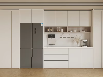 Modern Kitchen Sideboard With White Cabinets Gray Refrigerator And Open Shelves 3d model