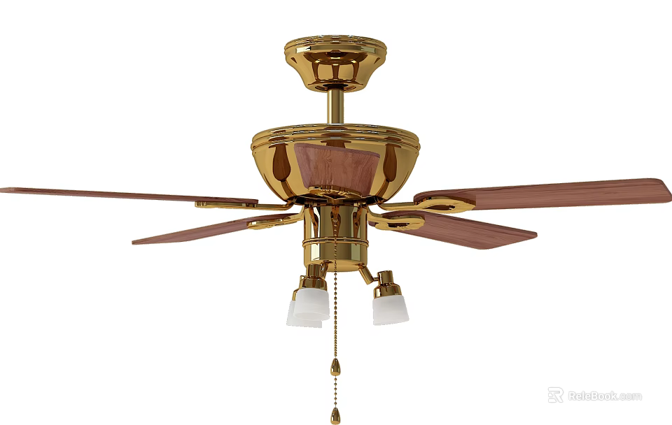 Classic Golden Ceiling Fan With Wooden Blades Decorative Top And White Lamp Shades 3d model 