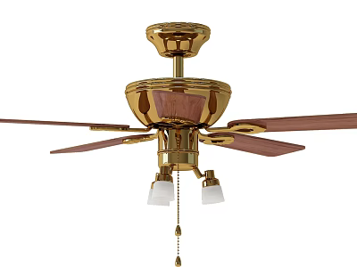 Classic Golden Ceiling Fan With Wooden Blades Decorative Top And White Lamp Shades 3d model