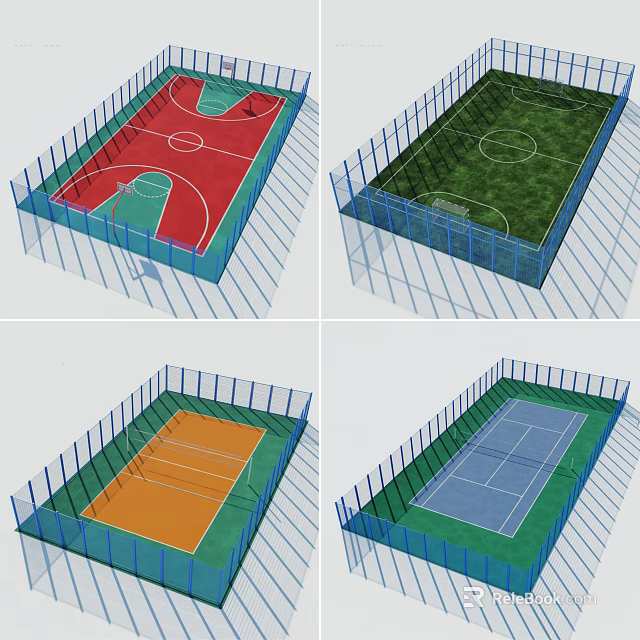 Outdoor Fitness Sports Courts with Basketball Football Volleyball Tennis Fields and Fenced Areas 3d model 