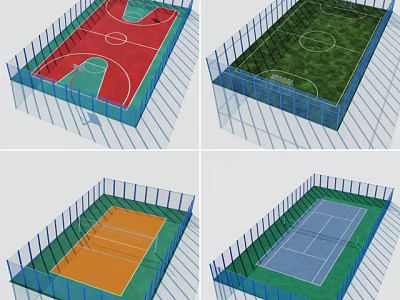 Outdoor Fitness Sports Courts with Basketball Football Volleyball Tennis Fields and Fenced Areas 3d model