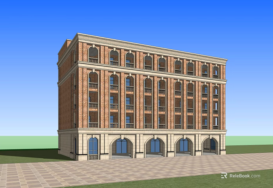 Classical Multi Story Red Brick Building With Arched Windows Paved Ground And Grass 3d model