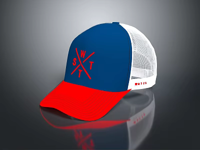 Stylish Blue White Red Trucker Hat With Mesh Back And Red Logo 3d model