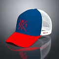 Stylish Blue White Red Trucker Hat With Mesh Back And Red Logo 3d model