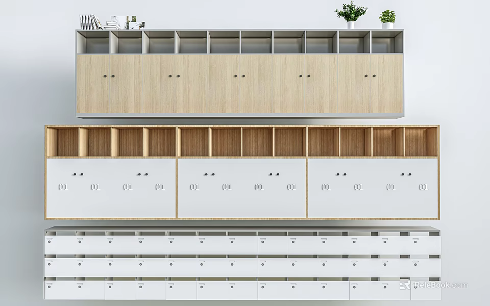Multi Layer Display Shelves With Wooden And White Panels Compartments Drawers And Numbered Labels 3d model 