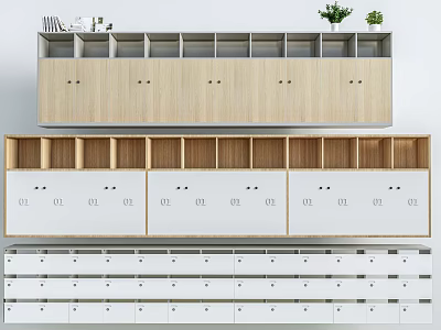 Multi Layer Display Shelves With Wooden And White Panels Compartments Drawers And Numbered Labels 3d model