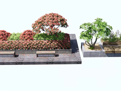 Outdoor Landscape Seats Design With Flower Bushes Trees And Stone Pavement 3d model