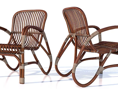 Pair of Brown Wicker Armchairs with Curved Wooden Armrests and Beige Straps 3d model