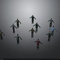 Multiple Human Figures In Various Poses With Different Colored Clothing On Gray Background 3d model