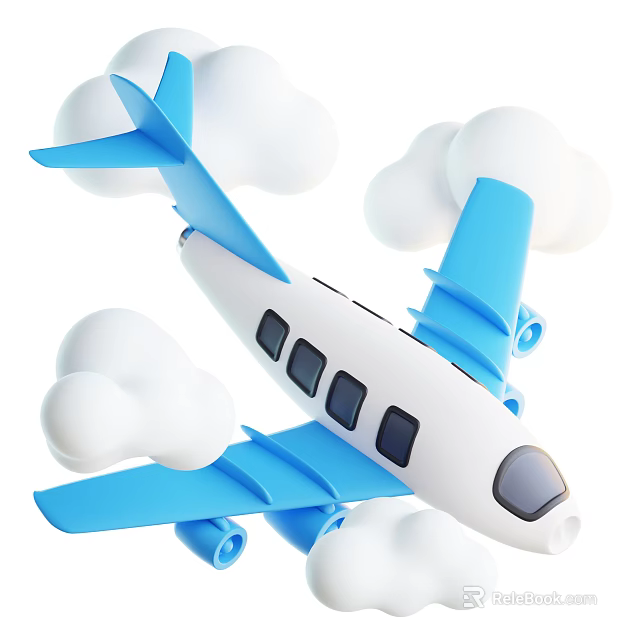 Cartoon Style White Body Blue Wings Passenger Plane Flying Among Clouds 3d model 