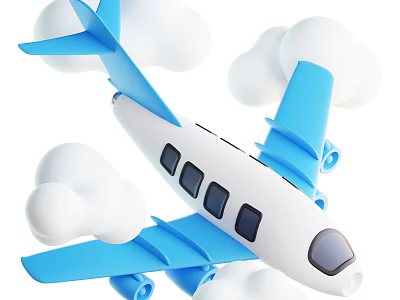Cartoon Style White Body Blue Wings Passenger Plane Flying Among Clouds 3d model
