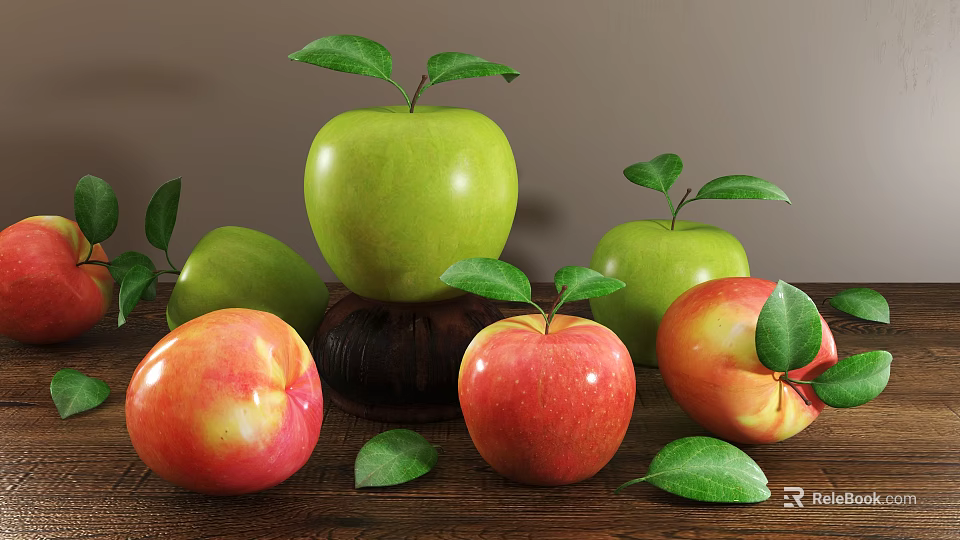 Fresh Green Apples and Red Peaches with Leaves on Wooden Table 3d model 