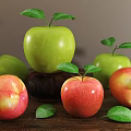 Fresh Green Apples and Red Peaches with Leaves on Wooden Table