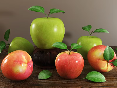 Fresh Green Apples and Red Peaches with Leaves on Wooden Table 3d model
