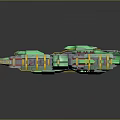 Futuristic 3D Rendered Spaceship With Green Blue Hulls And Yellow Red Details