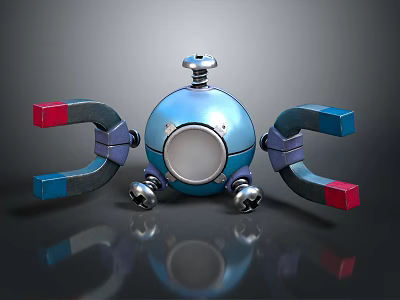 Mechanical Robot Character With Blue Sphere Body Magnetic Arms And Silver Legs 3d model