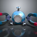 Mechanical Robot Character With Blue Sphere Body Magnetic Arms And Silver Legs