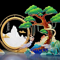 Traditional Chinese Decorative Art With Circular Frame Pine Tree Mountain Clouds And Figure 3d model