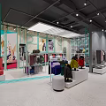 Modern Clothing Store Interior with Blue and White Apparel Racks Mannequins Green Plants and Mirrors